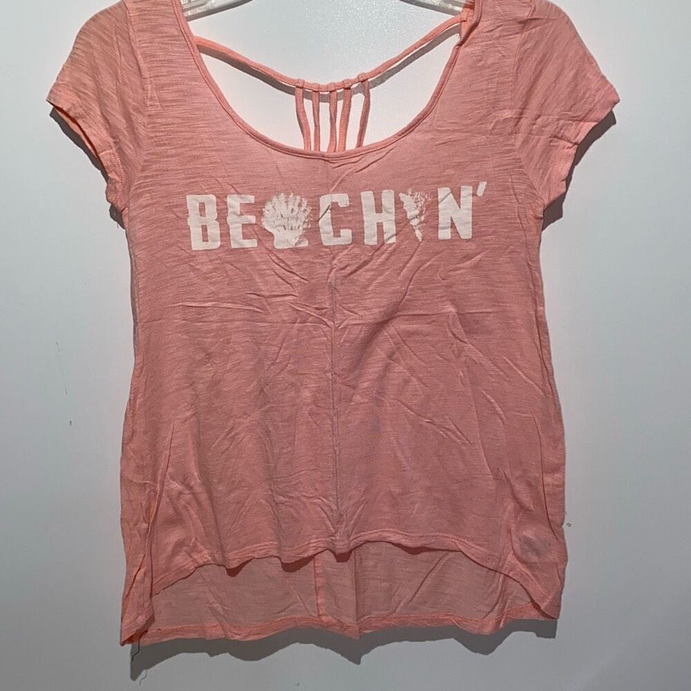 Aeropostale Women's Blush Pink Beachin Strappy Back Hi-Low Graphic T-Shirt Sz XS